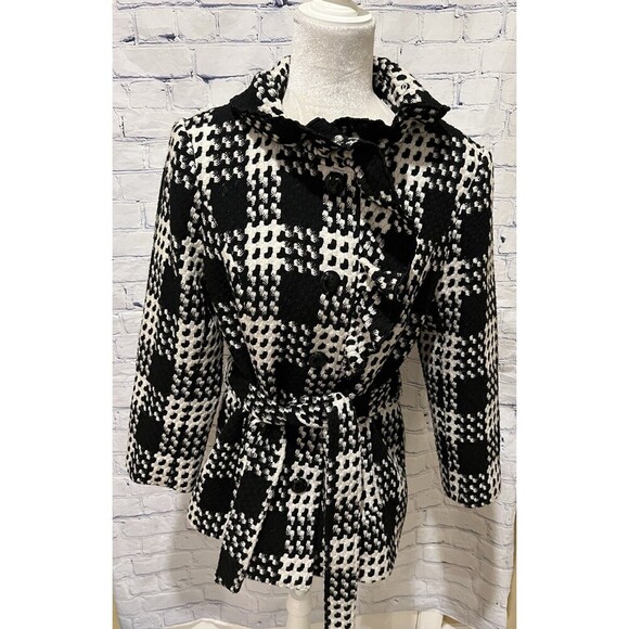 White House Black Market Jackets & Blazers - White House Black Market Coat Women Black White Belted Button Houndstooth Large